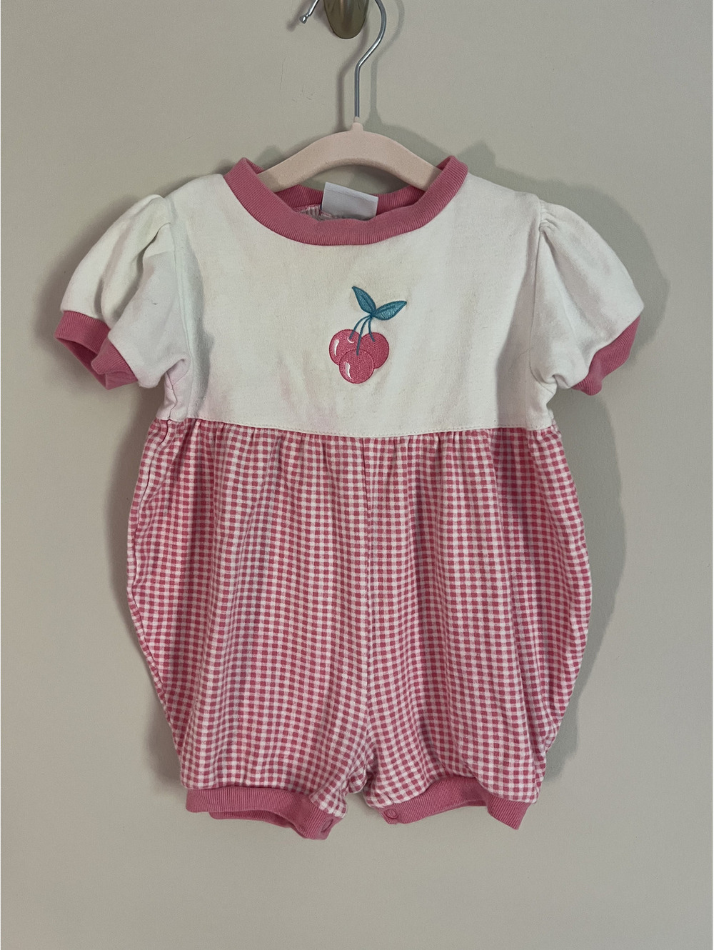 Vintage Okie Dokie Pink gingham Cherry Bubble Romper
